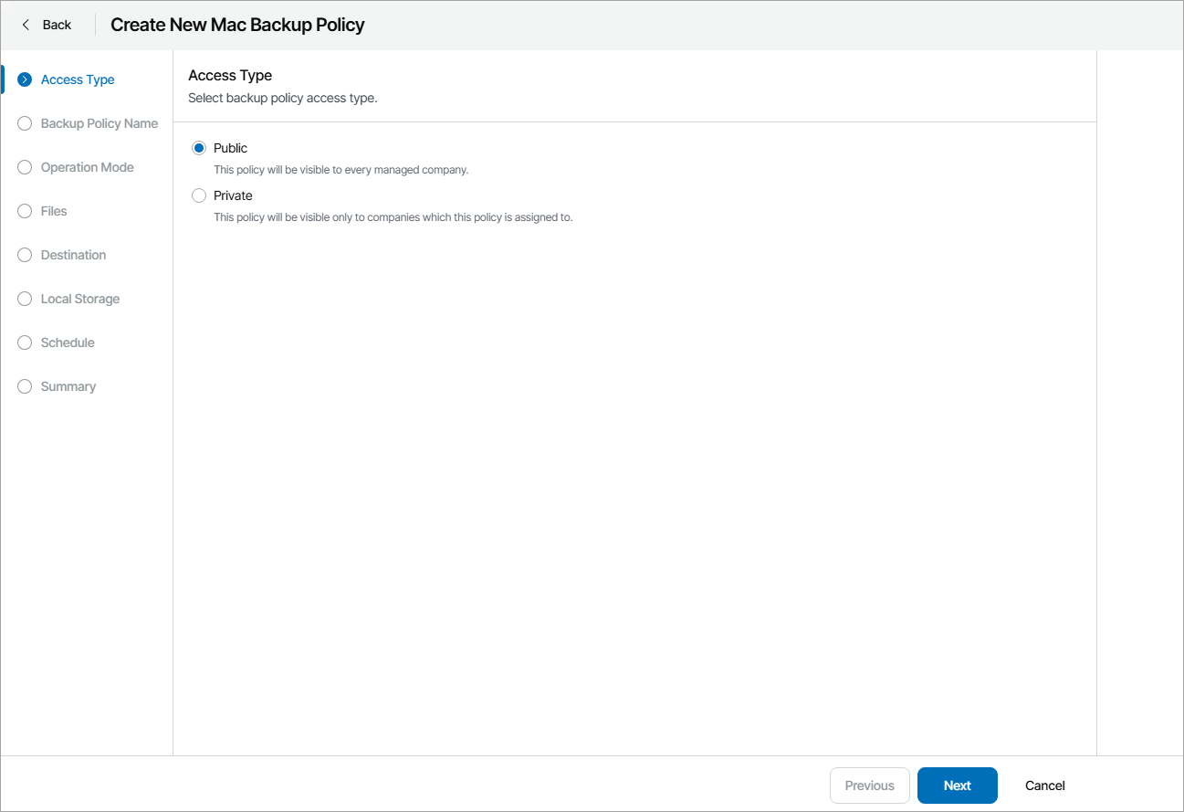 Select Backup Policy Access Type