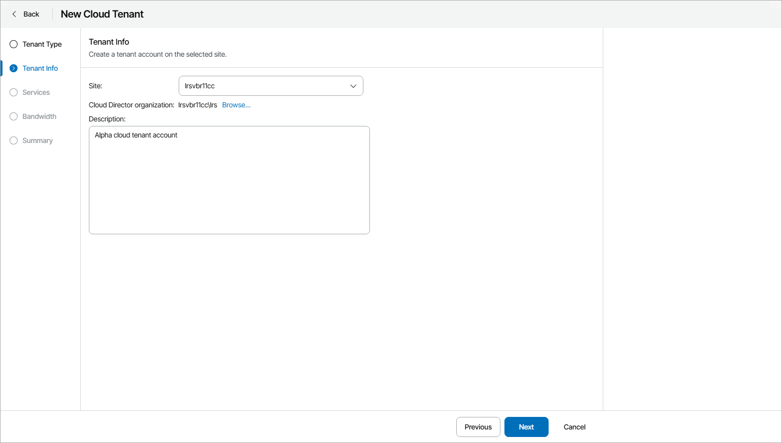 Create VMware Cloud Director Tenant Account