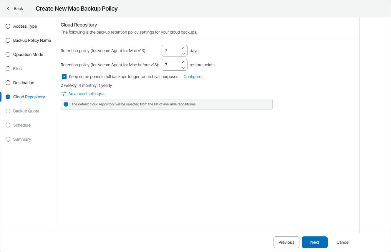 Specify Cloud Backup Settings