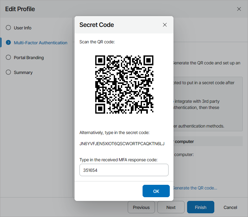 Specify MFA Secret Code