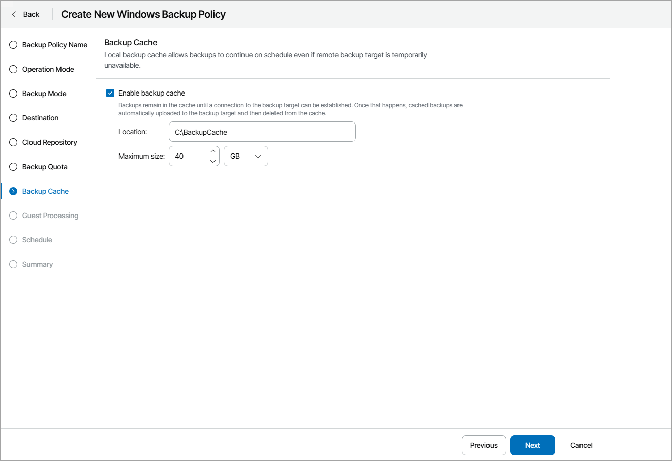 Specify Backup Cache Settings