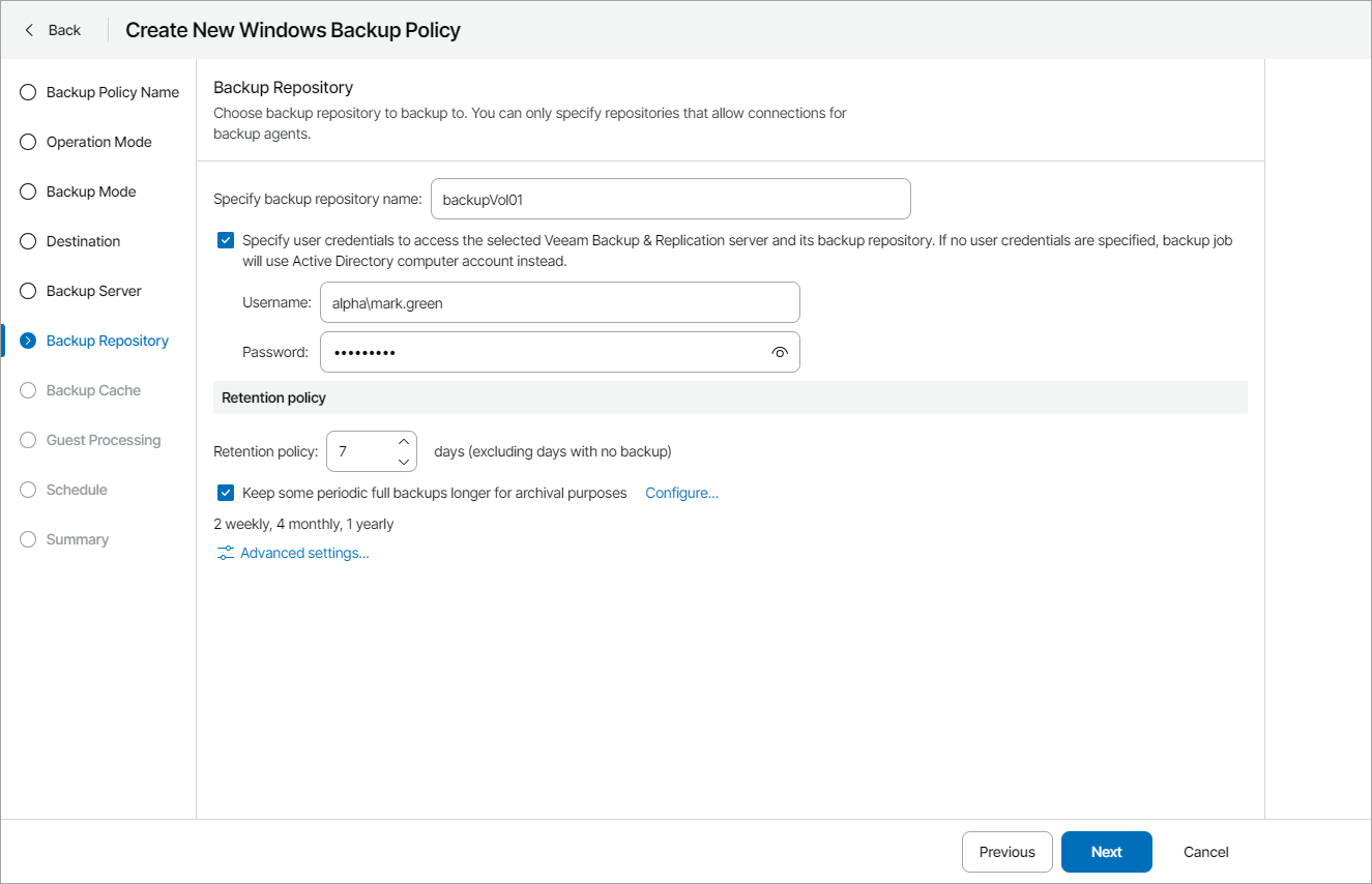 Specify Backup Repository Settings