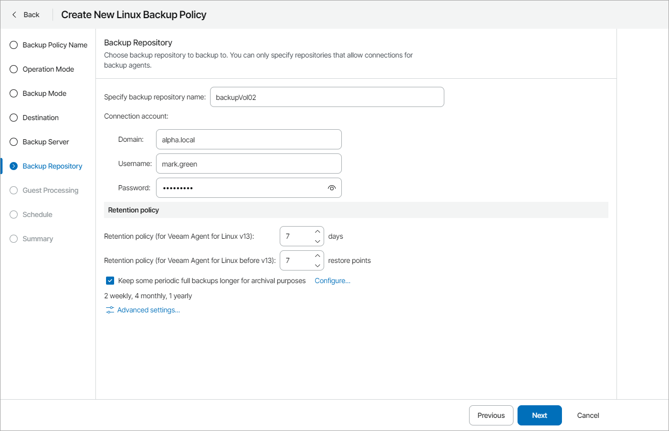 Specify Backup Repository Settings
