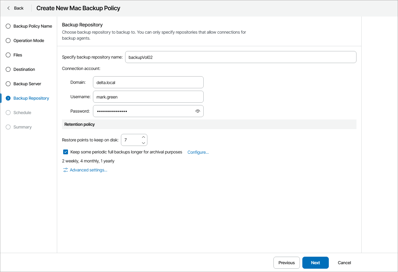 Specify Backup Repository Settings