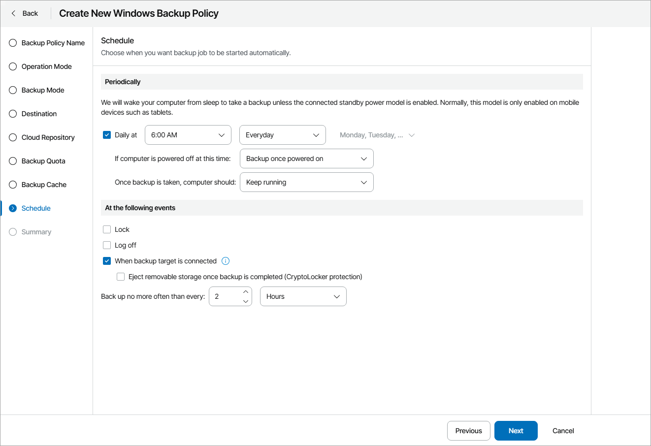 Specify Backup Schedule