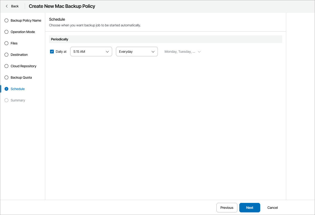 Specify Backup Schedule