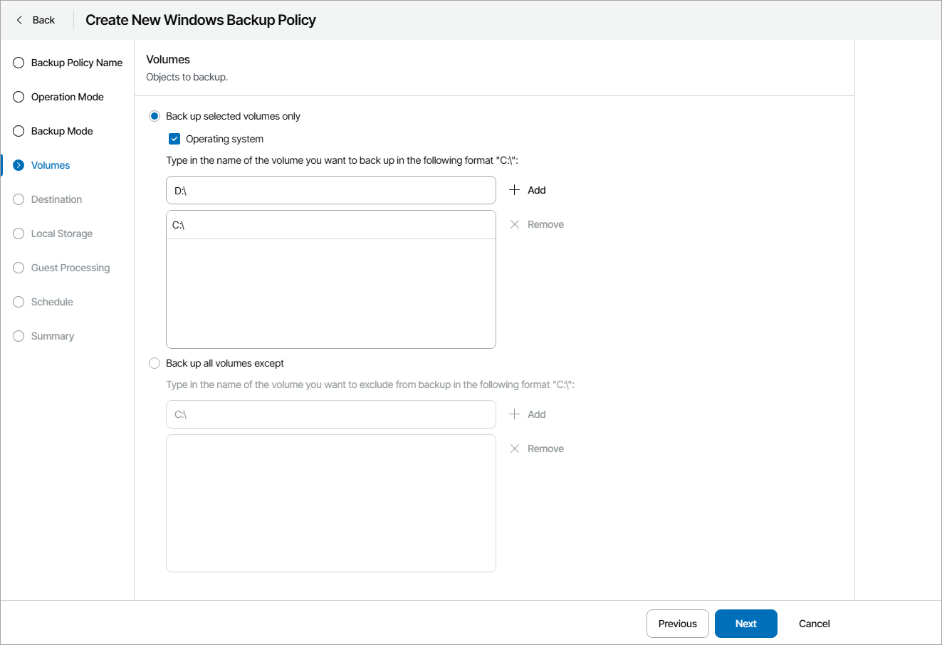 Choose Volumes to Back Up