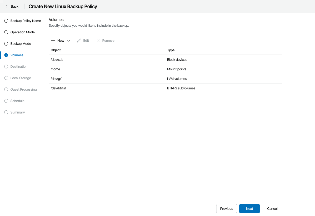 Choose Volumes to Back Up