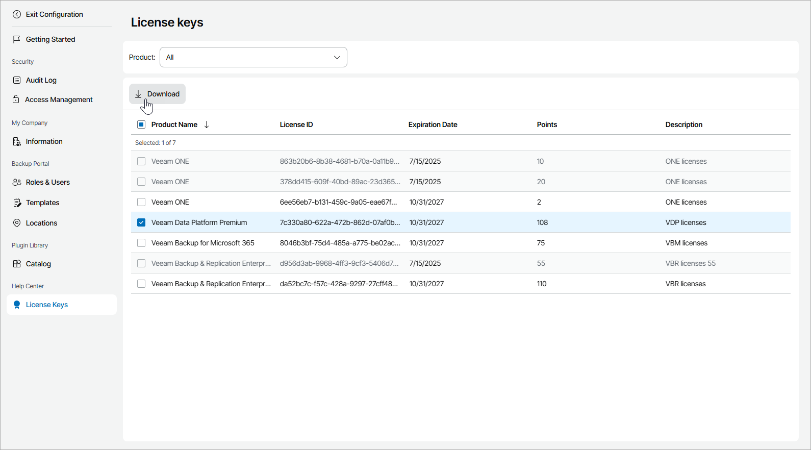 Viewing and Downloading License Keys