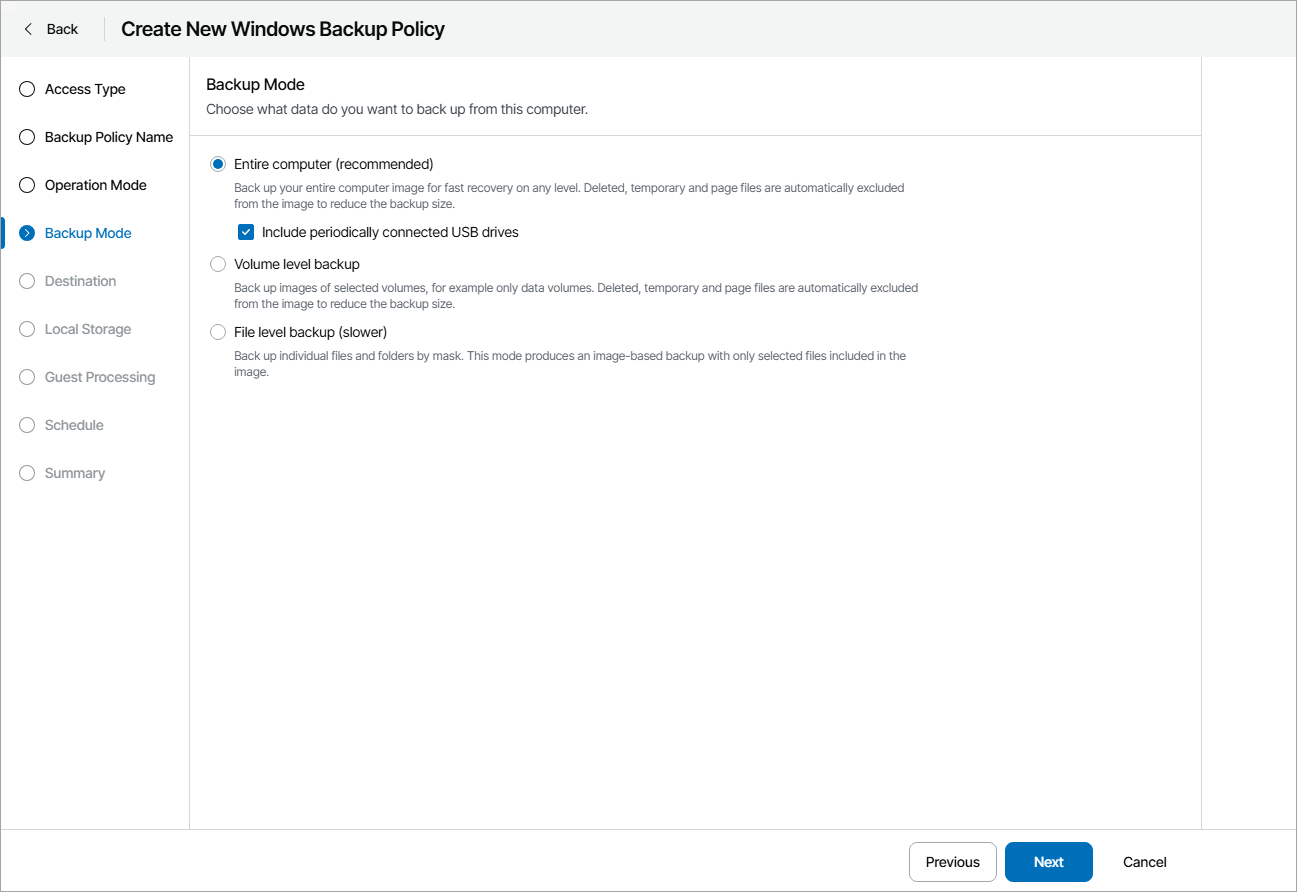 Choose Backup Mode