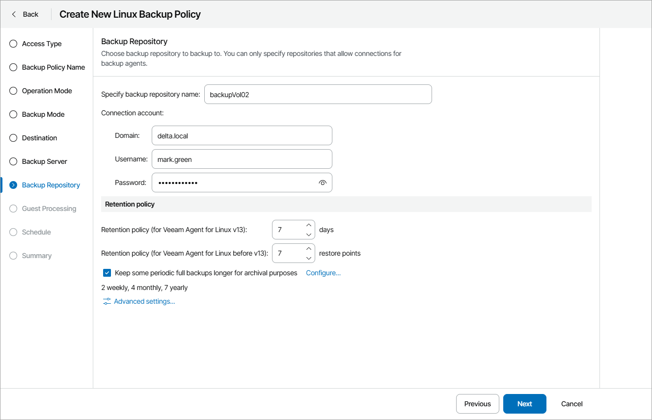 Specify Backup Repository Settings