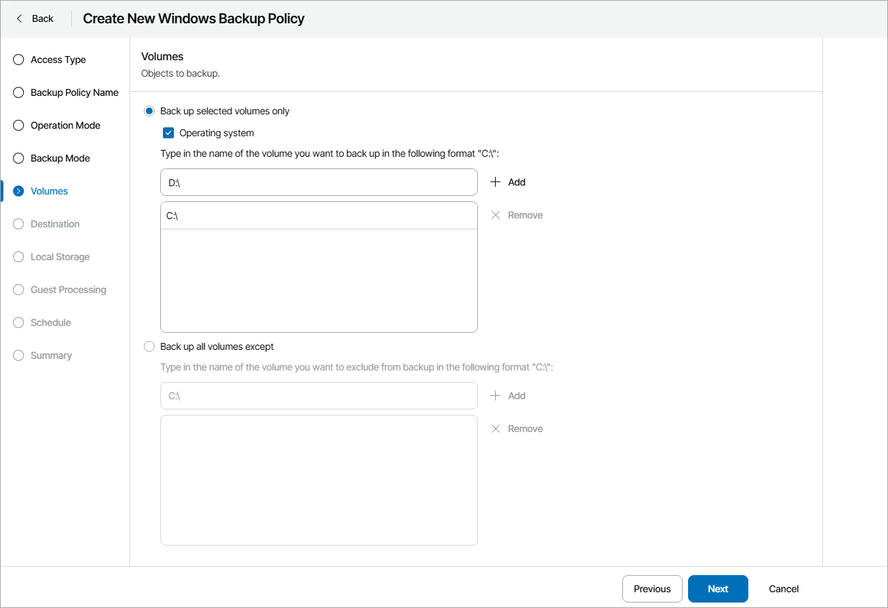 Choose Volumes to Back Up