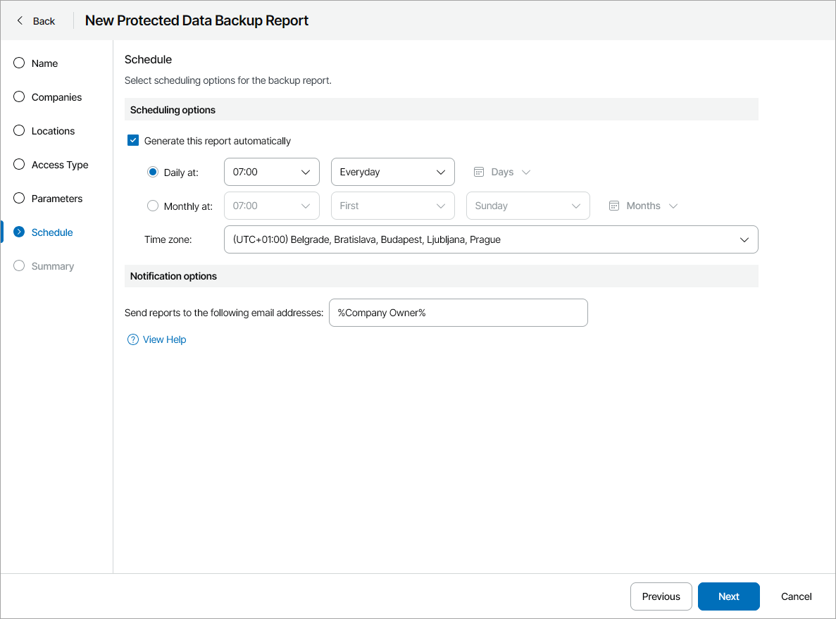 Specify Report Schedule