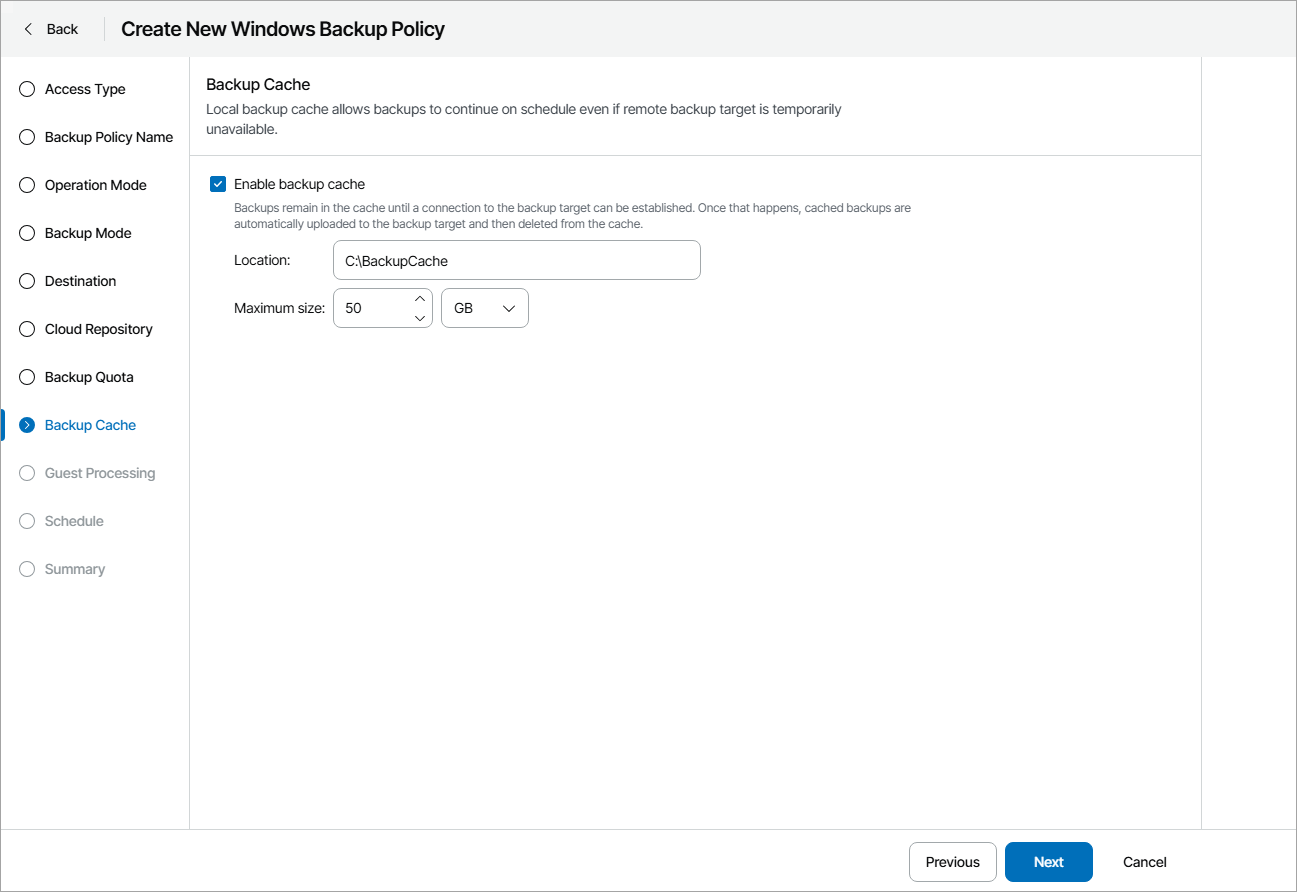 Specify Backup Cache Settings