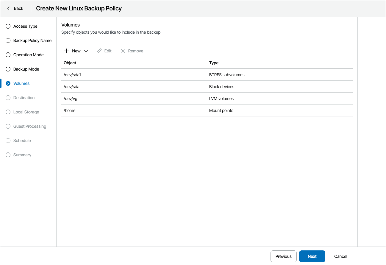 Choose Volumes to Back Up