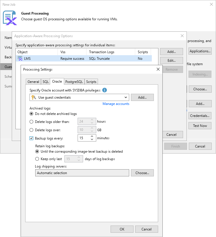 Specifying Oracle Archived Redo Log Settings
