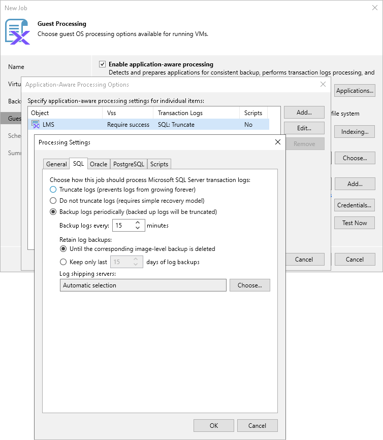 Specifying Microsoft SQL Server Transaction Log Settings
