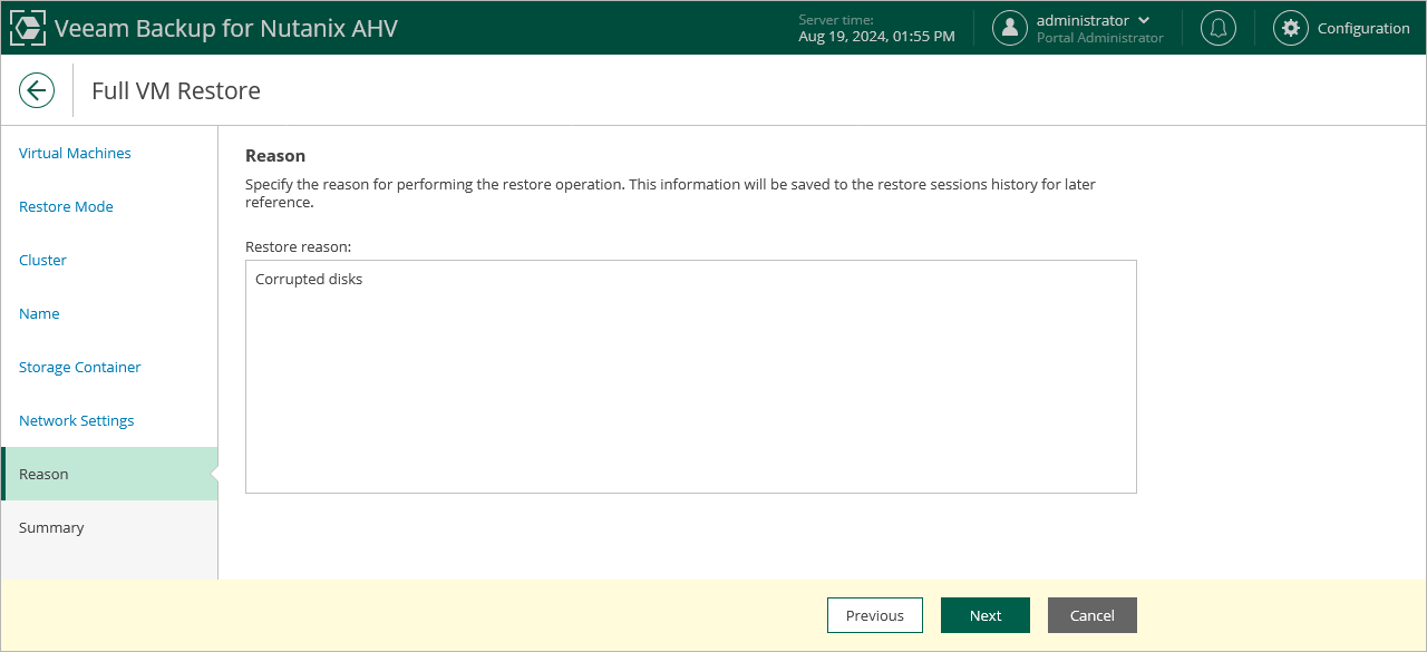 Step 8. Specify Reason for Restore