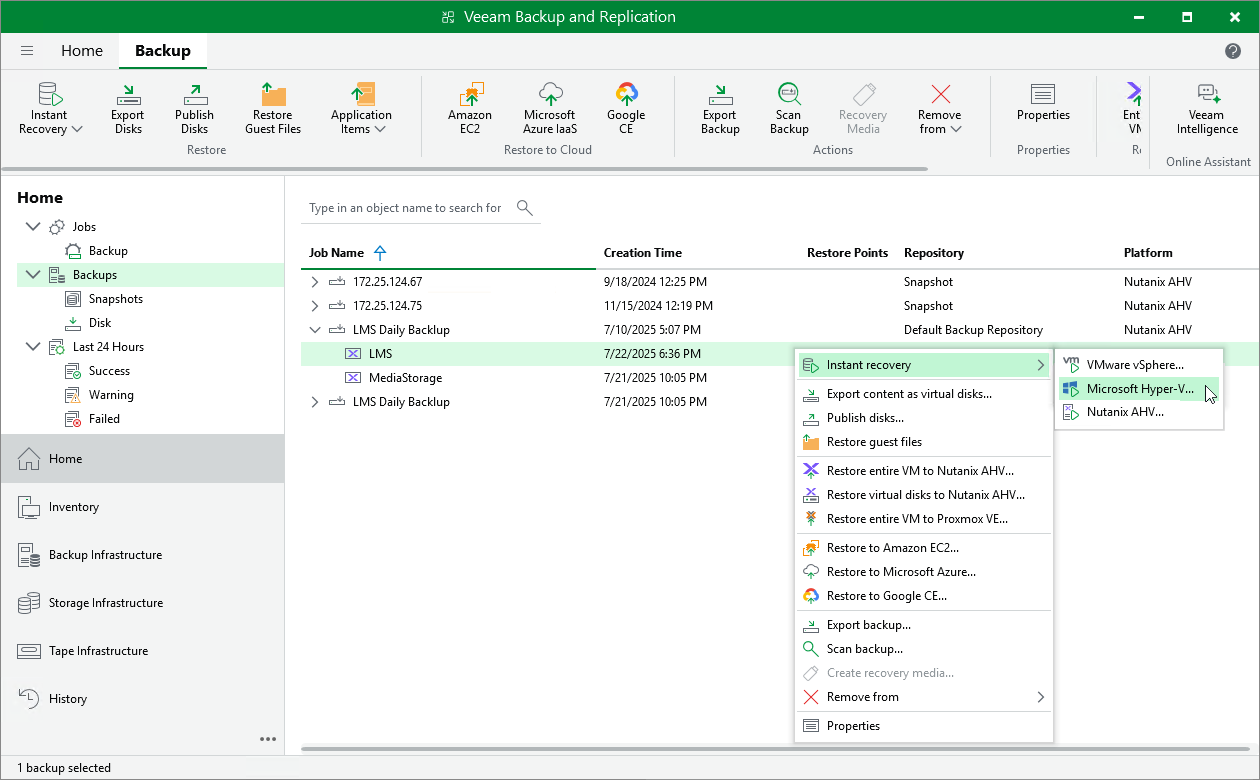 Performing Instant Recovery of Workloads to Hyper-V