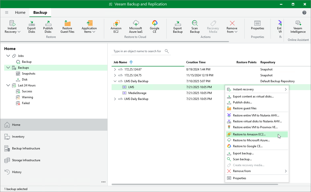 Performing VM Restore to Amazon Web Services