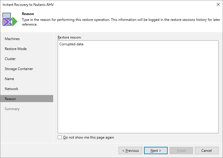 Step 8. Specify Restore Reason