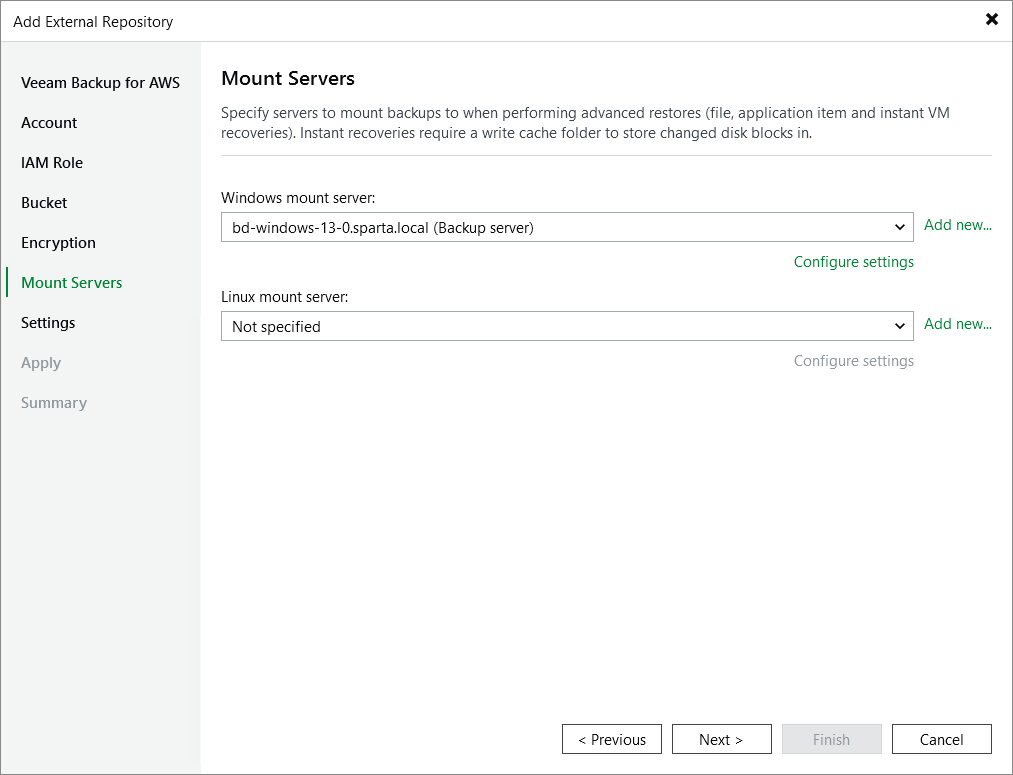 Add Amazon S3 repository - S3 endpoint Step 7. Specify Mount Server Settings