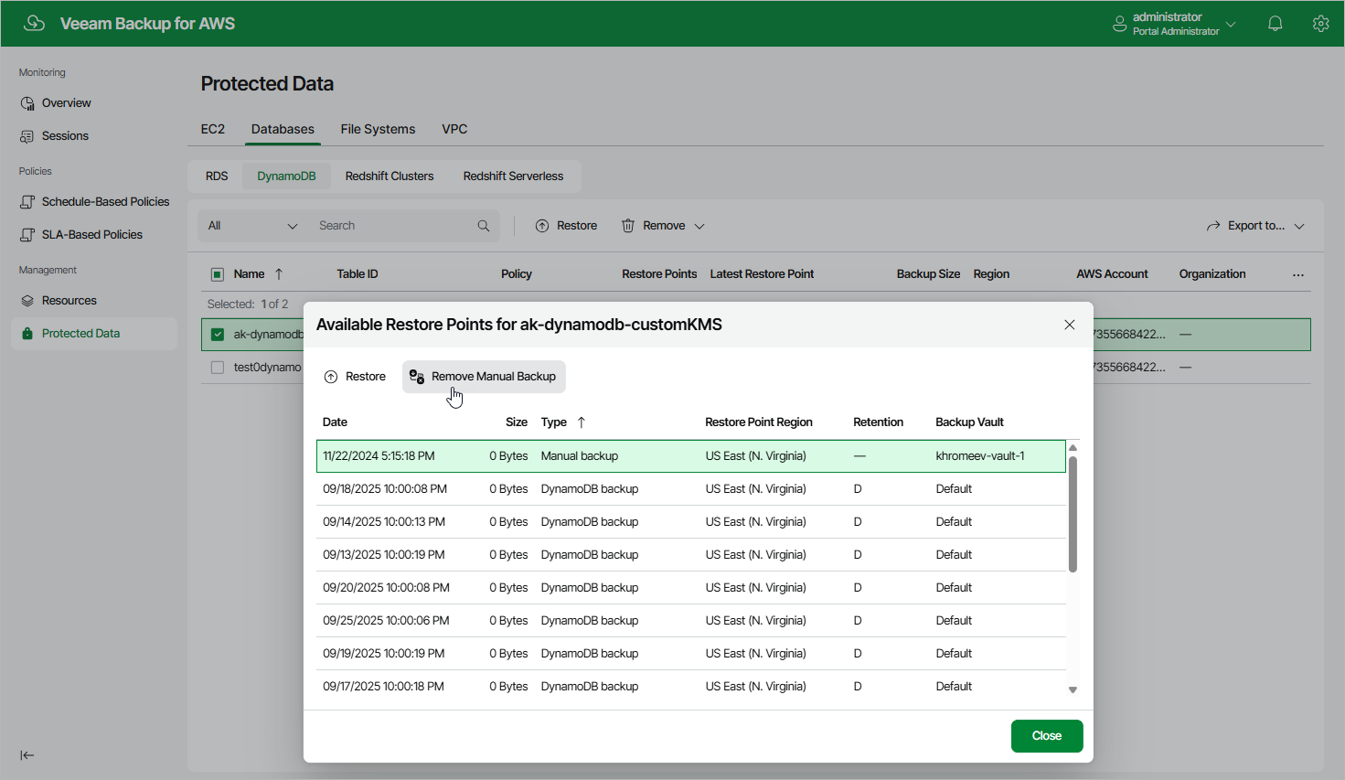 Removing DynamoDB Backups Created Manually