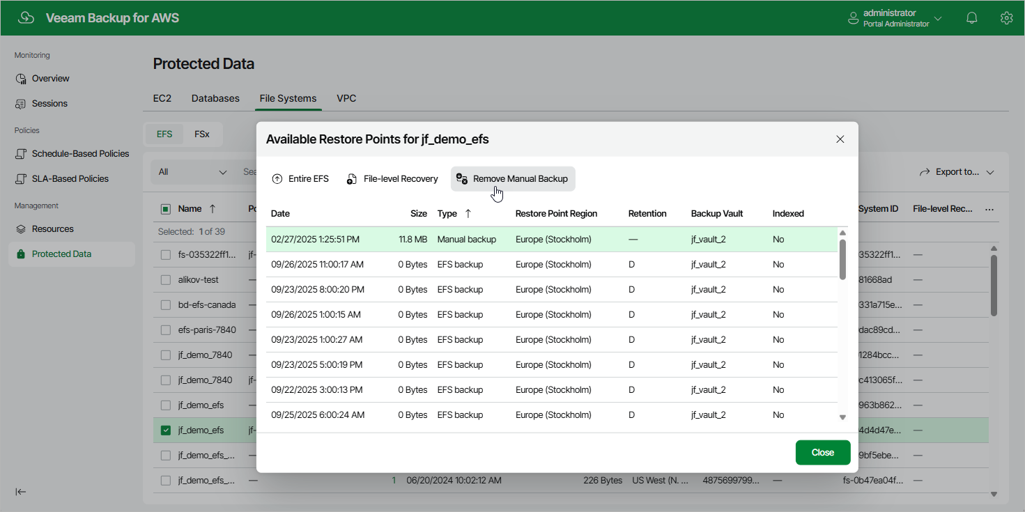 Removing EFS Backups Created Manually