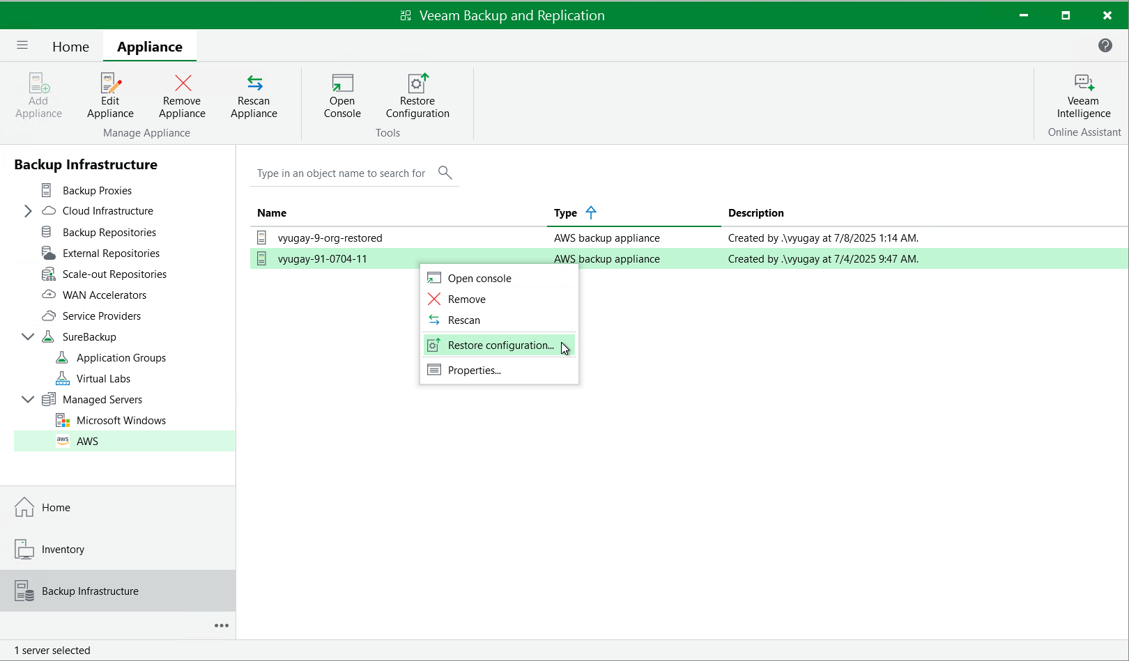 Restore configuration - Launch
