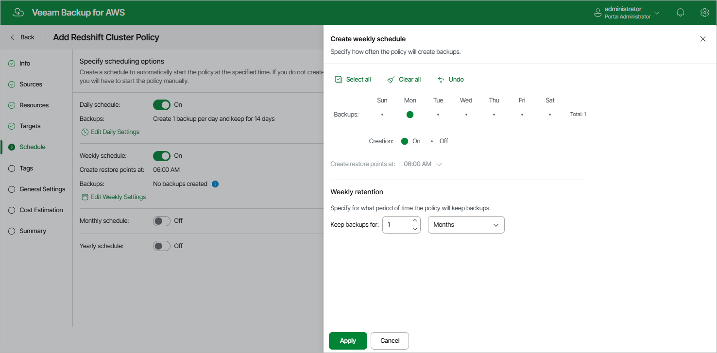 Creating Redshift Backup Policy
