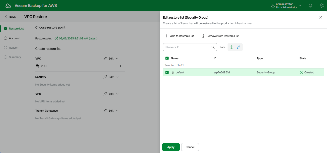Restoring VPC Configuration Items