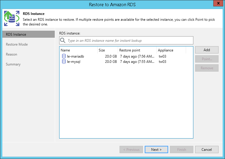 Step 2. Select RDS Instances and Restore Points