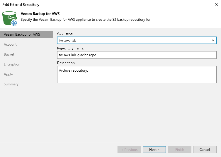 Step 2. Specify Veeam Backup for AWS Appliance and Repository Name