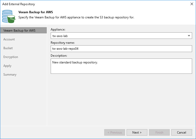 Step 2. Specify Veeam Backup for AWS Appliance and Repository Name