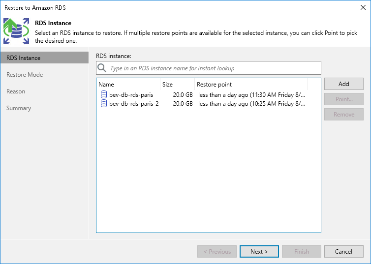 Step 2. Select RDS Instances and Restore Points