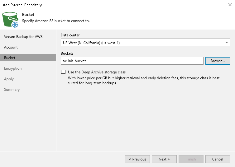 Step 5. Specify Amazon Bucket and Storage Class