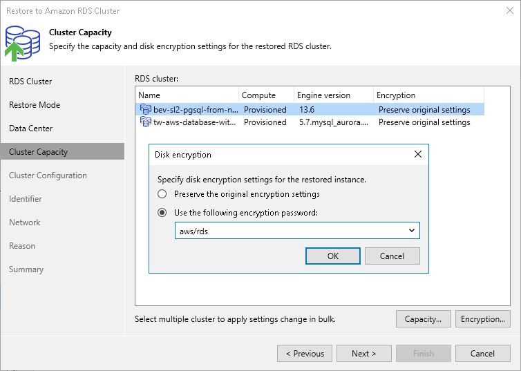 Restore Aurora - Encryption Step 6. Configure Capacity Settings and Encryption