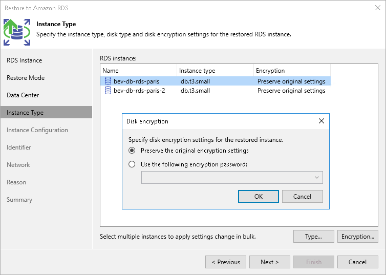 Restore RDS - Instance type Step 6. Configure Instance Types and Encryption