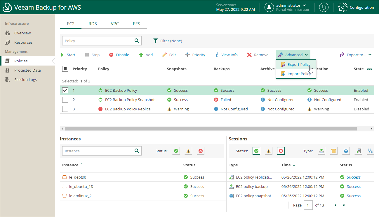 Exporting Backup Policy