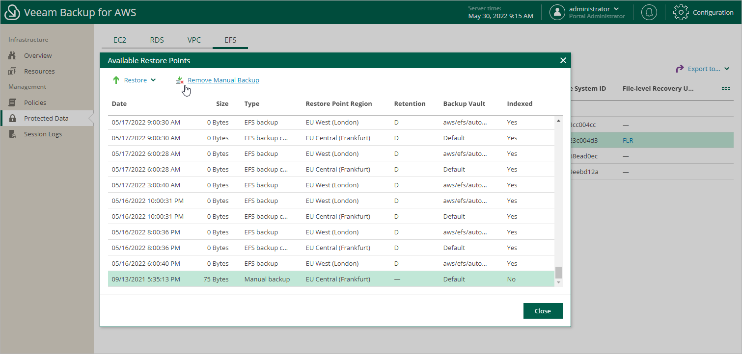 Removing EFS Backups Created Manually