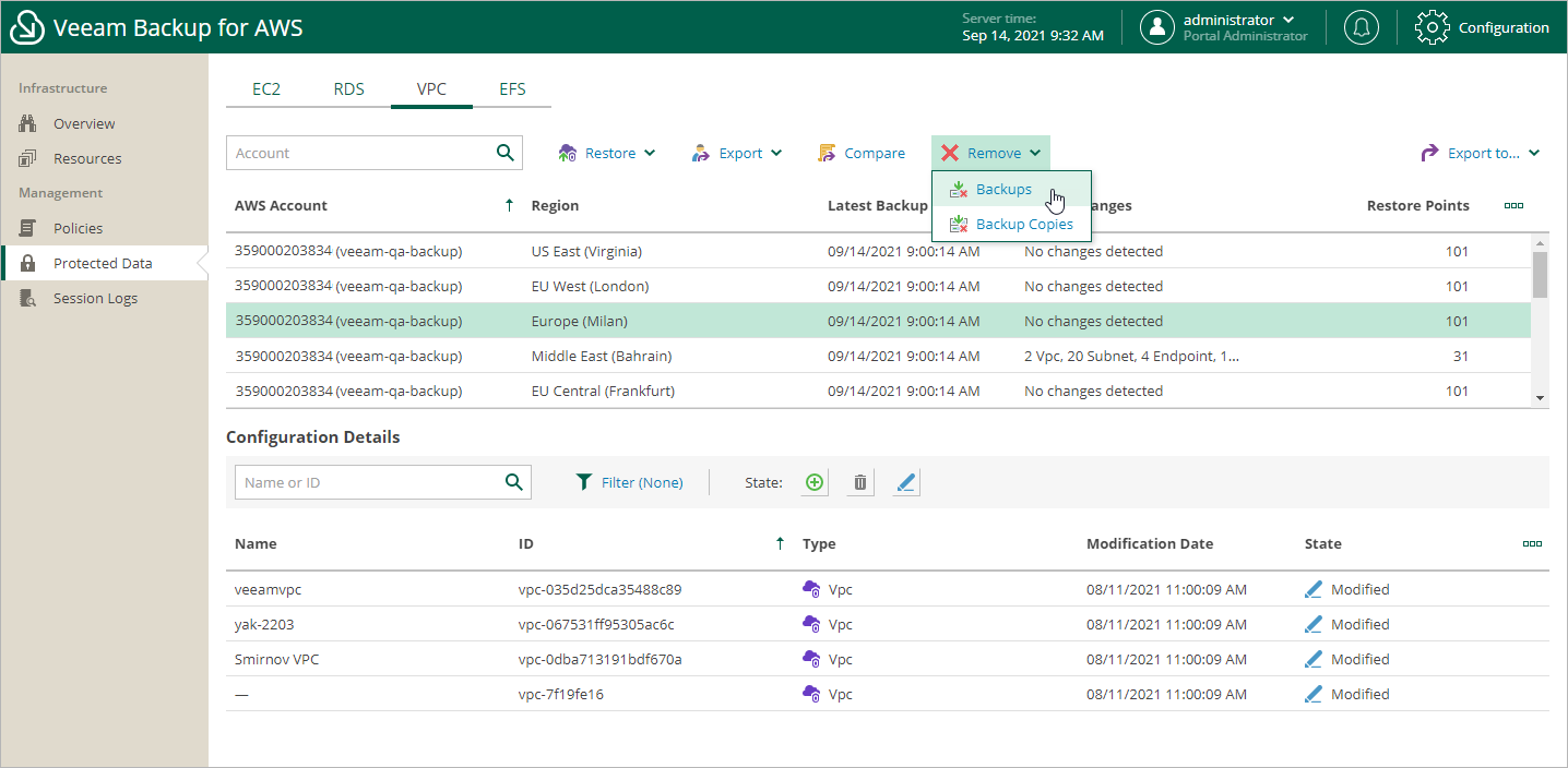 Removing VPC Configuration Backups