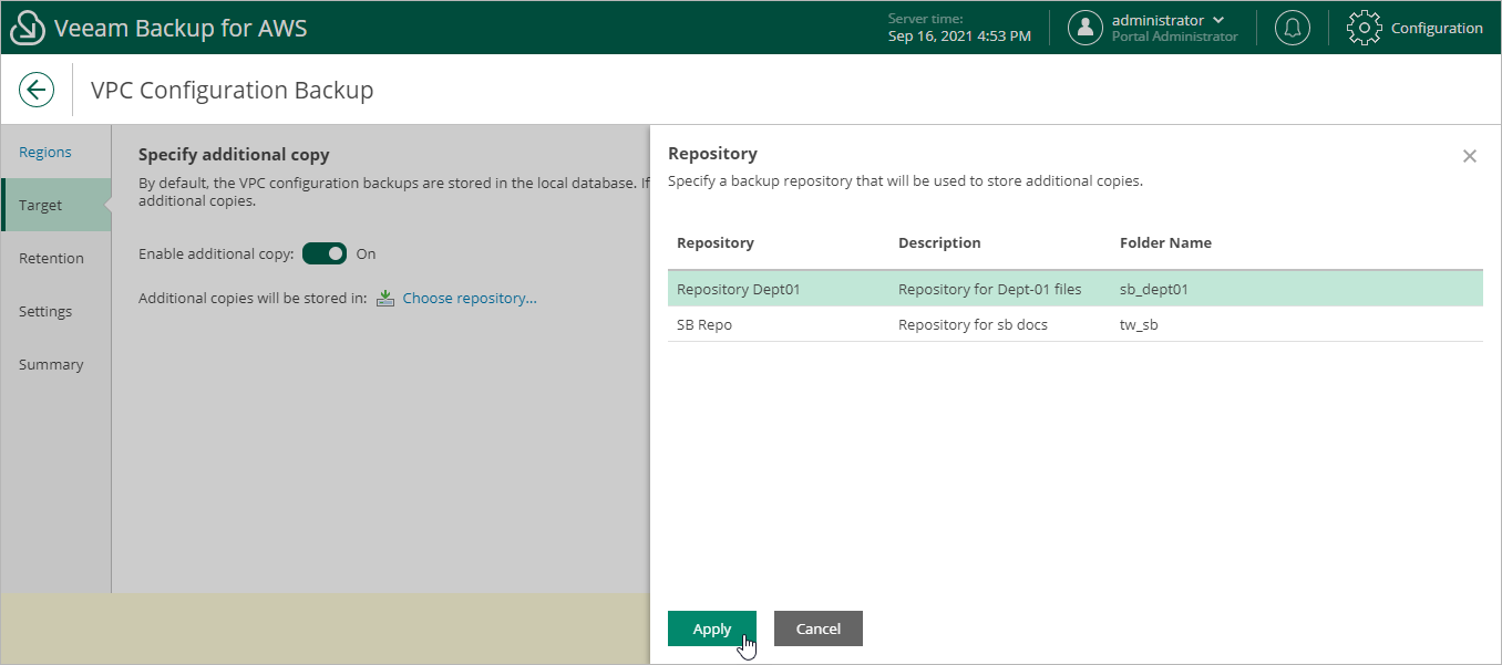 Editing VPC Configuration Backup Policy