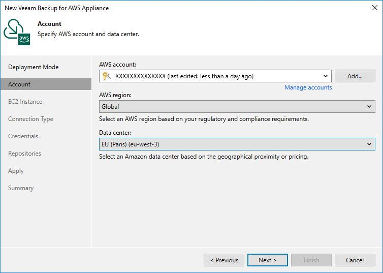 Add appliance - Account