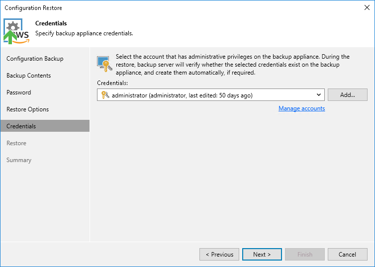 Restore configuration - Credentials