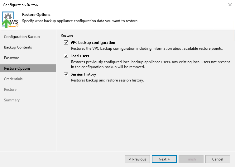 Restore configuration - Data to restore