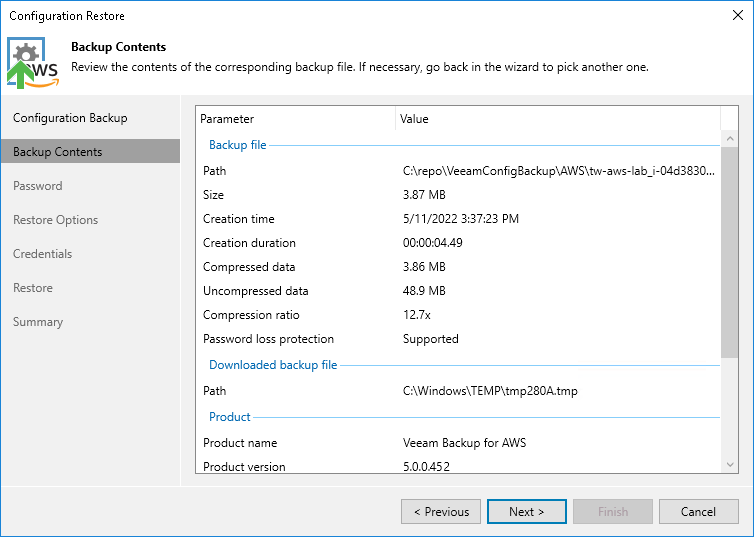 Restore configuration - Review info