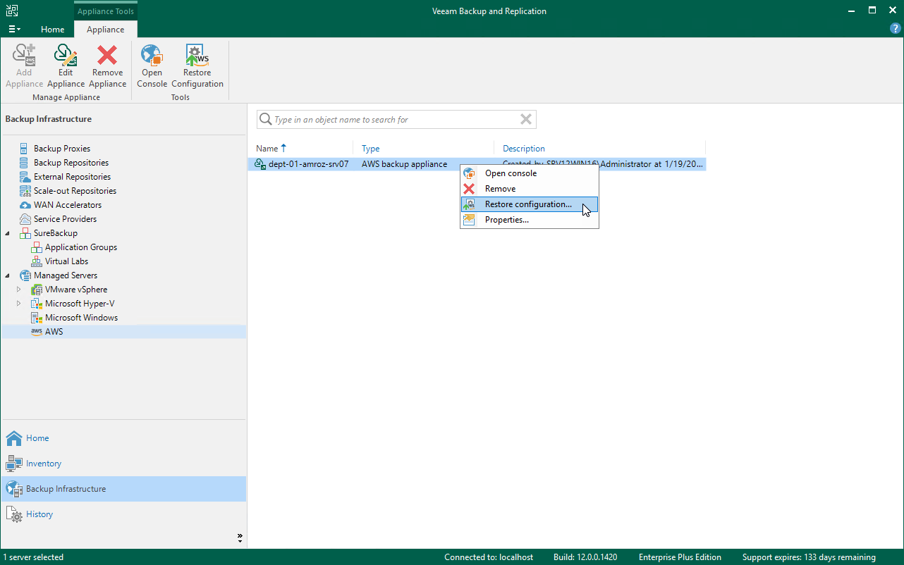 Restore configuration - Launch
