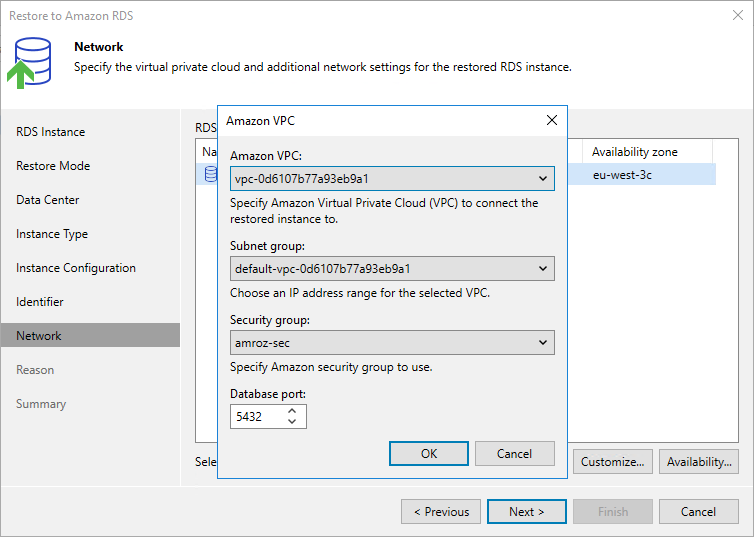 Restore RDS - Network and availability settings