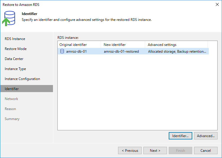 Restore RDS - Identifier
