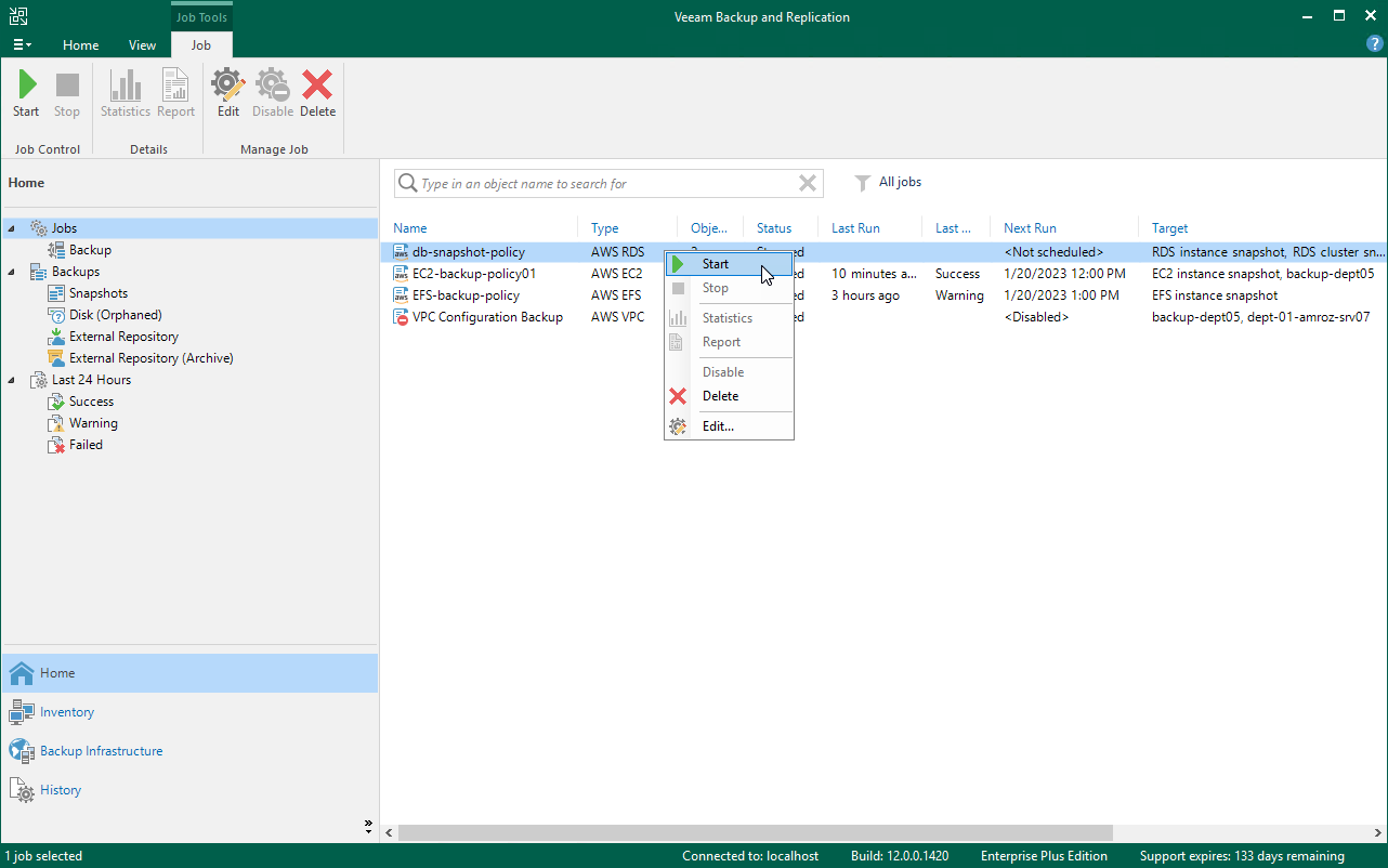Start and stop backup policy
